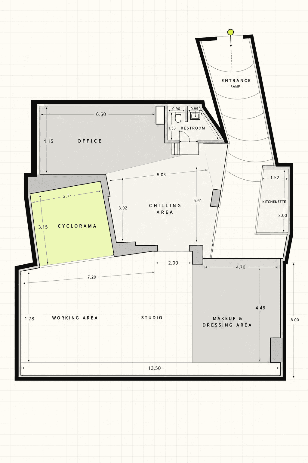 Floor plan of Kiddo Studio. The studio floor is 13.50 by 8.00 metres, with a 3.71 by 3.15 metre cyclorama in the west corner, a working area alongside it, and a 4.70 by 4.46 metre makeup and dressing room at the east end. A chilling area sits between the studio and the entrance, with a 6.50 by 4.15 metre office, a restroom and a kitchenette off it. Entry is from the north through a ramped entrance.